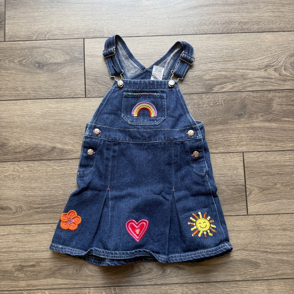 Y2K VTG Disney Kids Denim Overall‎ Dress Girls Size 4/5 Rainbow Sun Embroidered